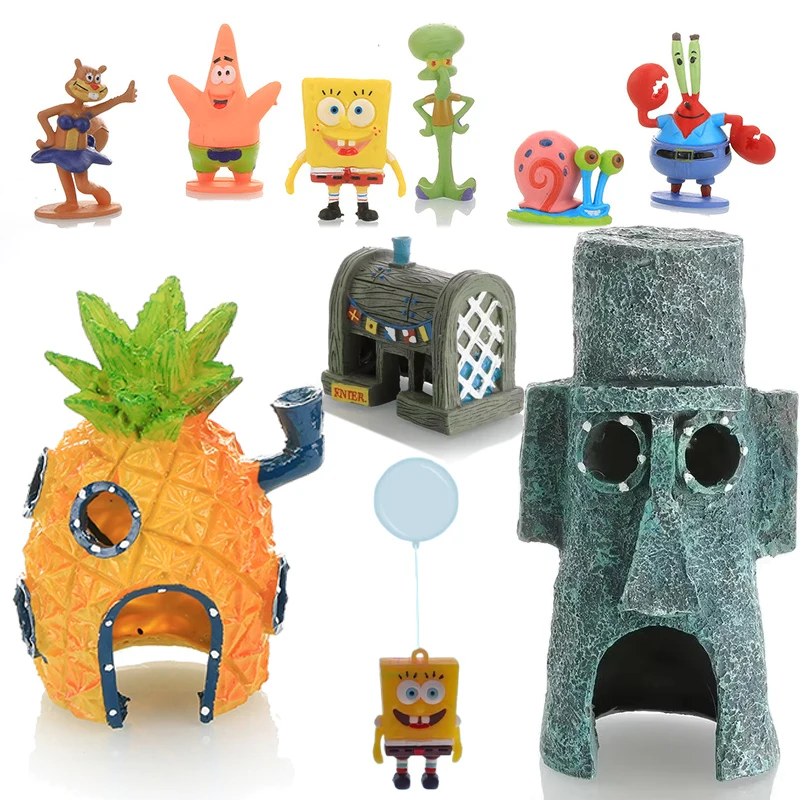 6pcs SpongeBob Fish Tank Decoration Cartoon Aquarium Doll Decorations Pineapple House Fish Shrimp Hideout Aquarium Decoration