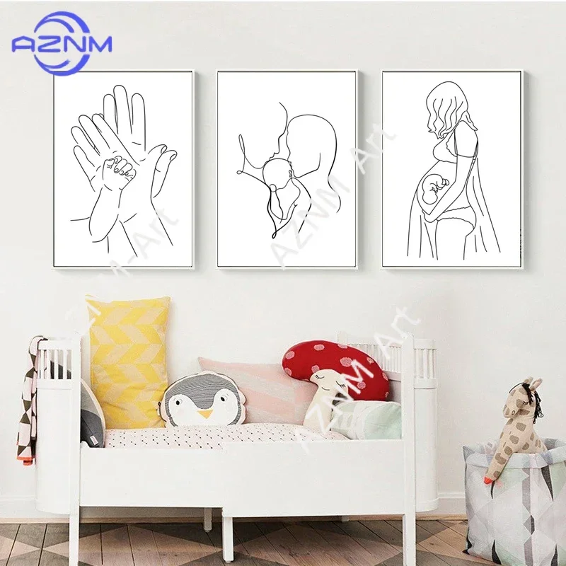 Minimalist Family Portrait Canvas Poster Baby Line Drawing W