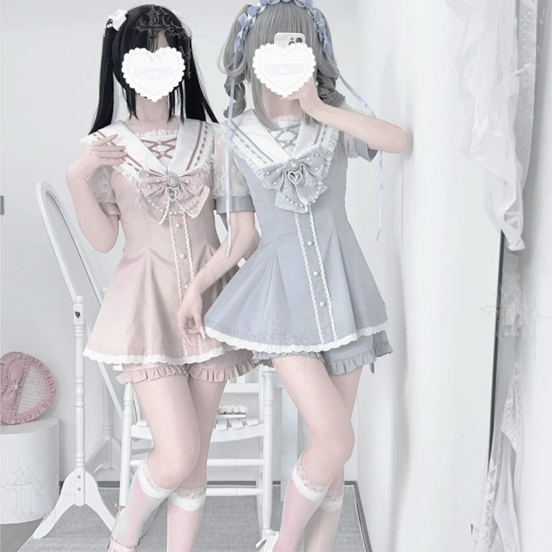 Jirai Kei Summer Sweet Japanese Lolita Outfit Lace T Sailor Neck Short Dress Plaid Solid Color Cute Daily Wear Kawaii Mini Skirt - view 4