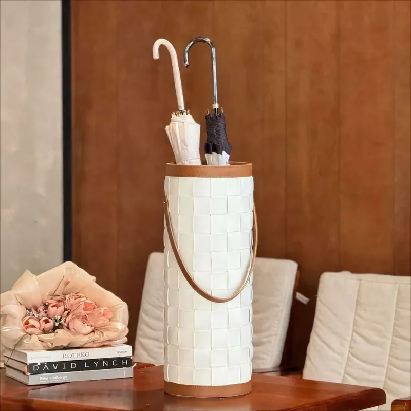Modern Woven Leather Umbrella Stand Minimalist Home Storage Bucket Creative Hanging Tube for Entryway Hallway Door