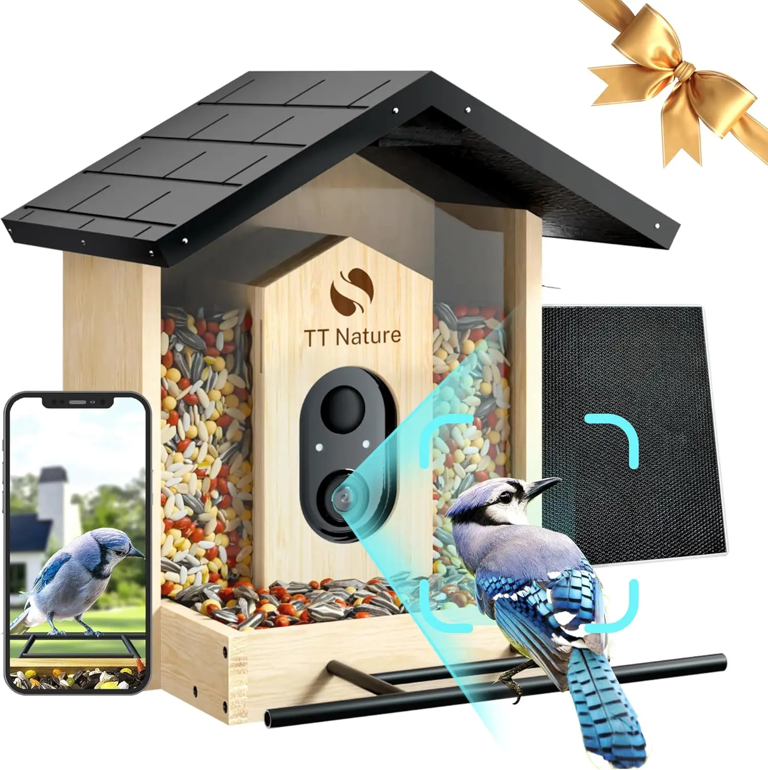 Solar Bird Feeder Camera 1080P, 1.5L Capacity, Motion Detection, Night Vision, WiFi, Gift