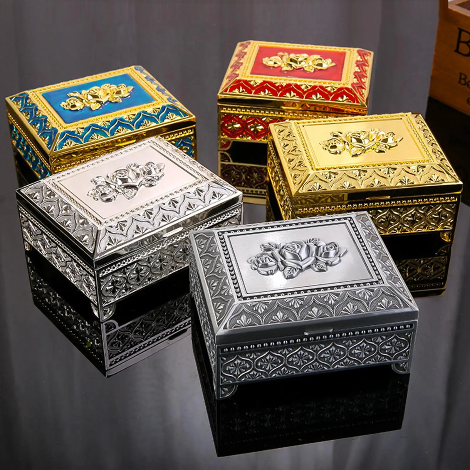 

Trinket Box Metallic Engraved Rectangle Jewelry Box with Velvet Inside