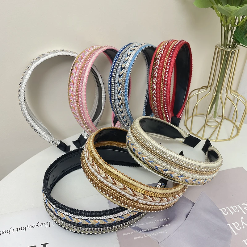 New Wide Edge Flat Hair Band Ethnic Head Band Inlaid with Diamond Pearl Sequins Pressed Hair Extension Shampoo Hair Clip