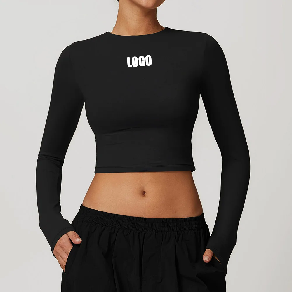 Custom LOGO women's clothing quick-drying polished long-sleeved yoga clothes slimming sports tight running fitness top