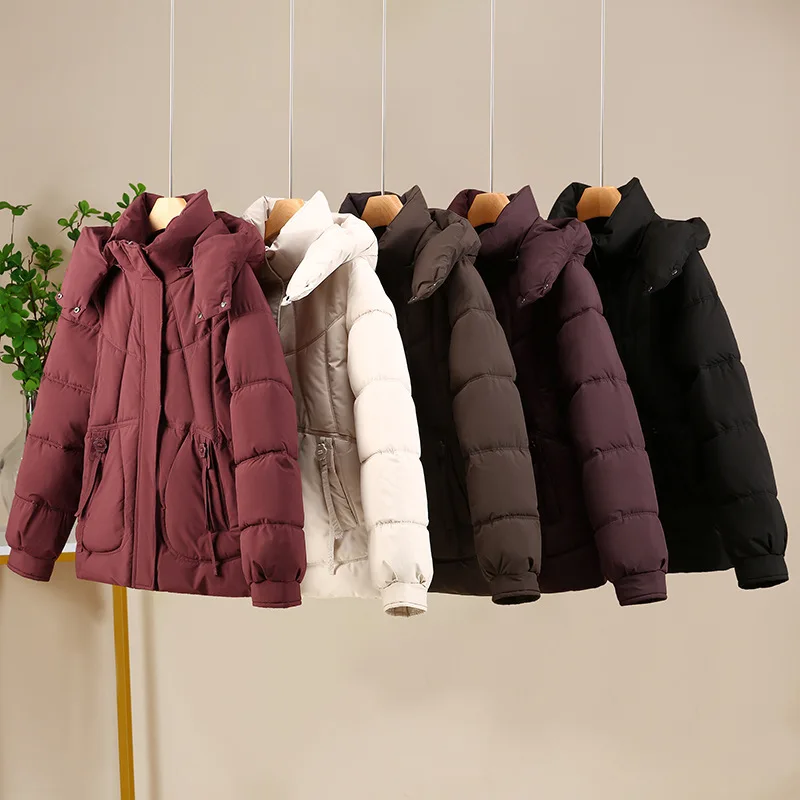 Women Short Oversize Parkas Coats Hooded Jacket Solid Long Sleeve Turn Down Collar Zipper Looose Thick Office Lady 2025 Winter