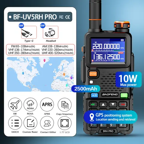 Baofeng UV-5RH PRO 워키 토키 GPS 멀티 밴드 AM FM Type-C 무선 복사 주파수 햄 양방향 장거리 통신 라디오