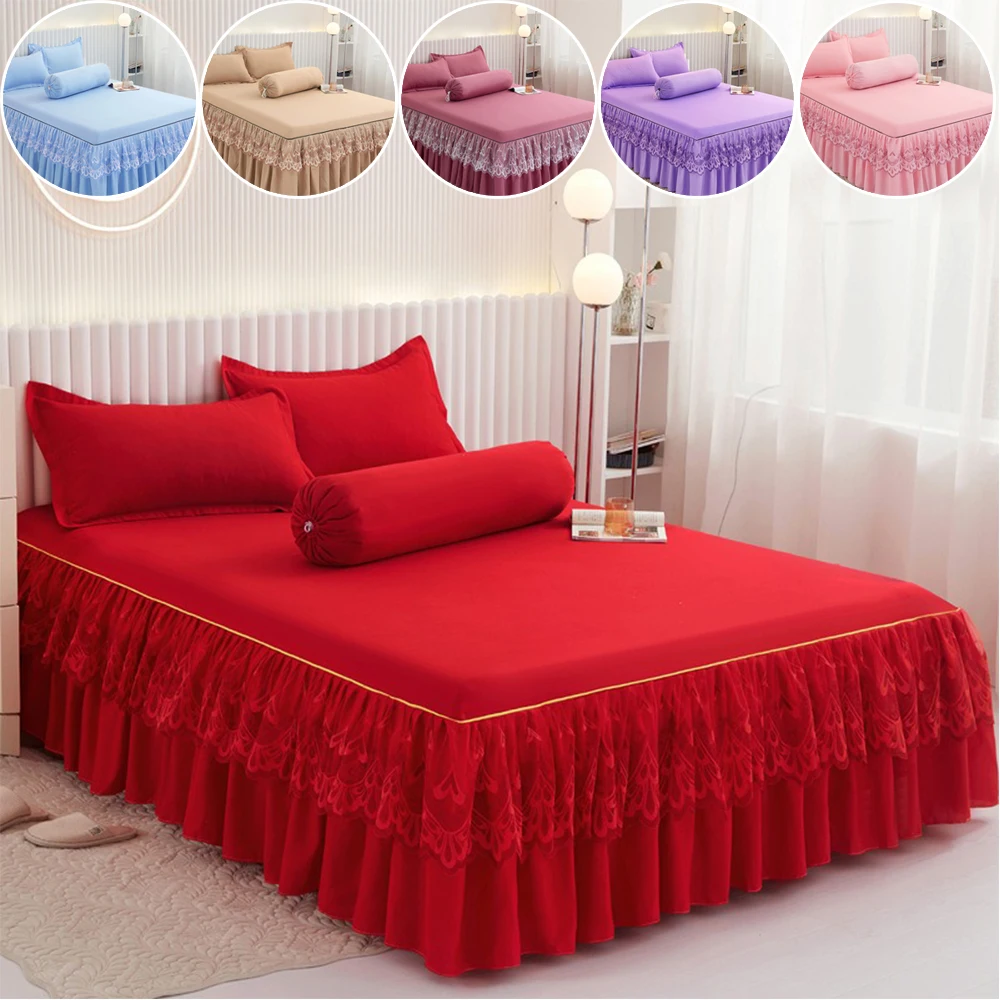 

3pcs/set New Solid Color Lace Bed Skirt Three Piece Set with Brushed Bed Cover Princess Bed Skirt Falda De Cama De Encaje Sólido