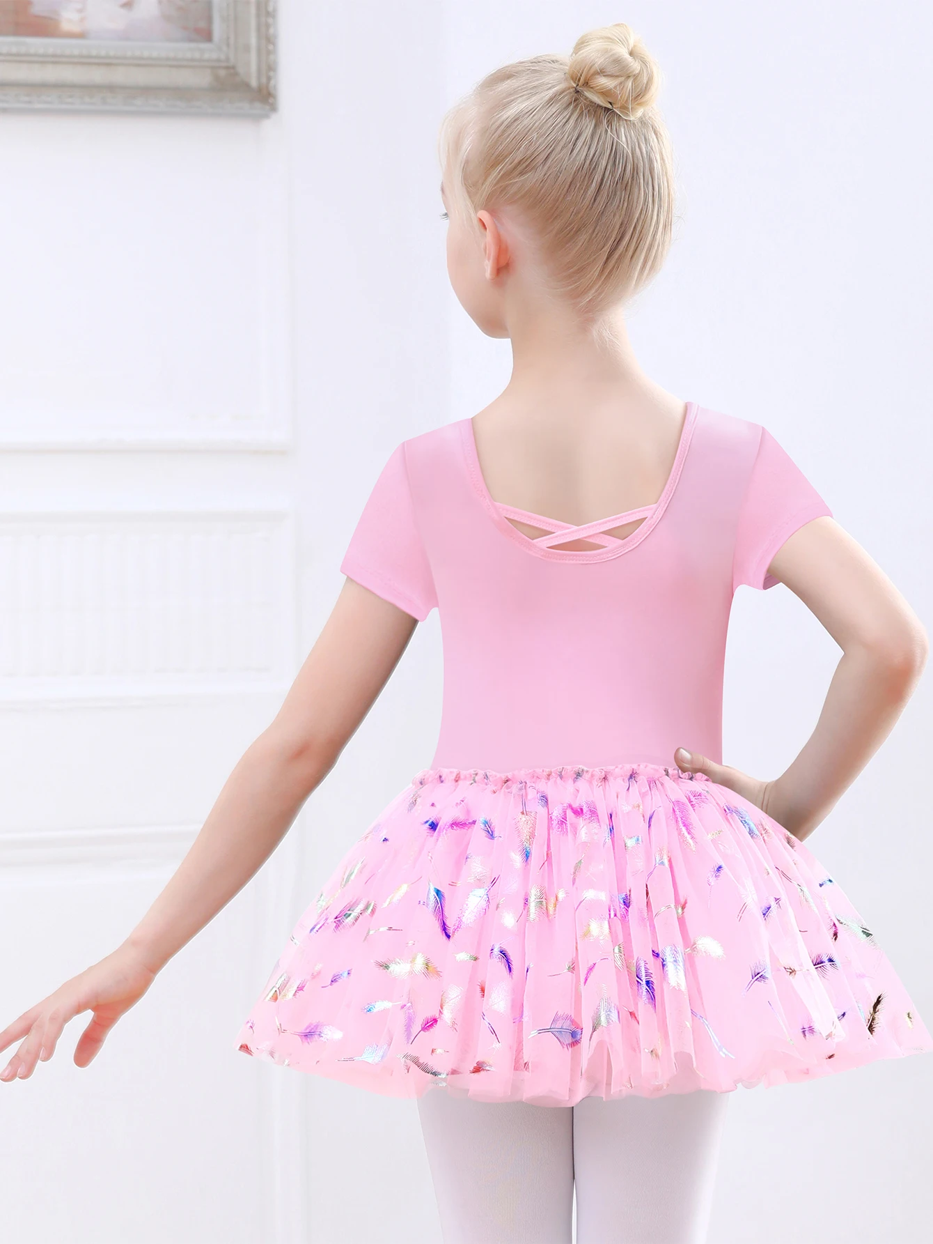 Girls Dance Tutu Leotard for Ballet Short Sleeve Toddler Gorgeous feathers Dance Dress Kids Back Crisscross Dancewear