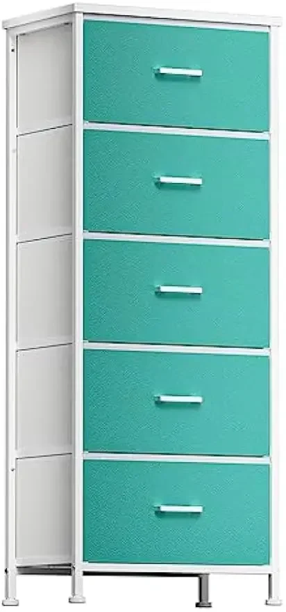 Dresser for Bedroom with 5 Drawers, Tall Storage Tower for Closet, Living Room, Nursery, Blue Dresser with Sturdy Steel Frame