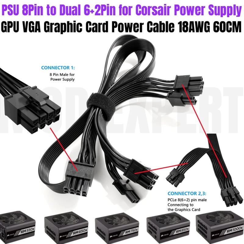 PCIe 2x 8Pin 60+20CM 18AWG Flat Cable for Corsair RM Series