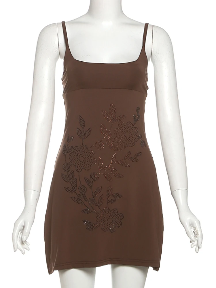 Weird Puss Fake Diamond Stickers Sundresses Women Low-Neck Flowers Backless Sexy Midnight Skinny Elasticity Summer Mini Bodycon