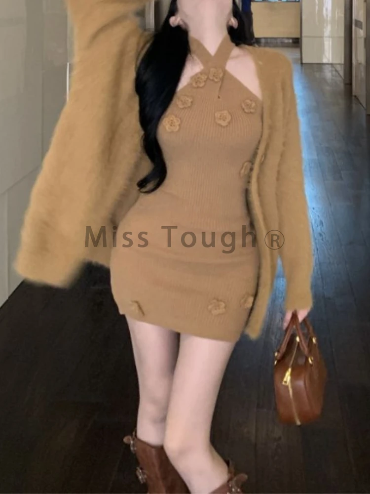 Winter Retro Sexy Knitted Brown 2 Piece Sets Loose Knit Cardigan + Slim Dress New Korean Fashion Casual Vintage Y2k Style Suits