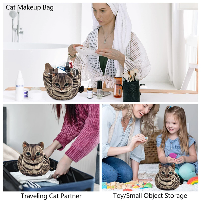 Cute Cat Makeup Bag Drawstring Closure 3D Cat Head Design Flat Cosmetic Pouch Gift for Women Cat Lovers Travel Organizer Bag