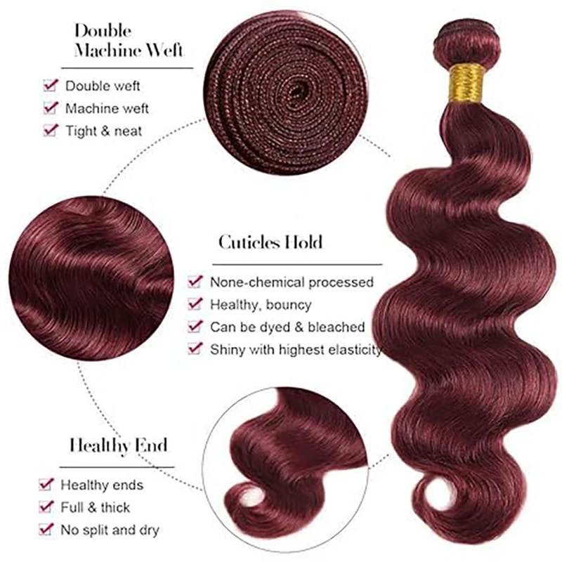 Color 99j Bundles Human Hair Body Wave Bundles Burgundy Human Hair Body Wave Bundles 8a Grade Double Weft Brazilian Human Hair