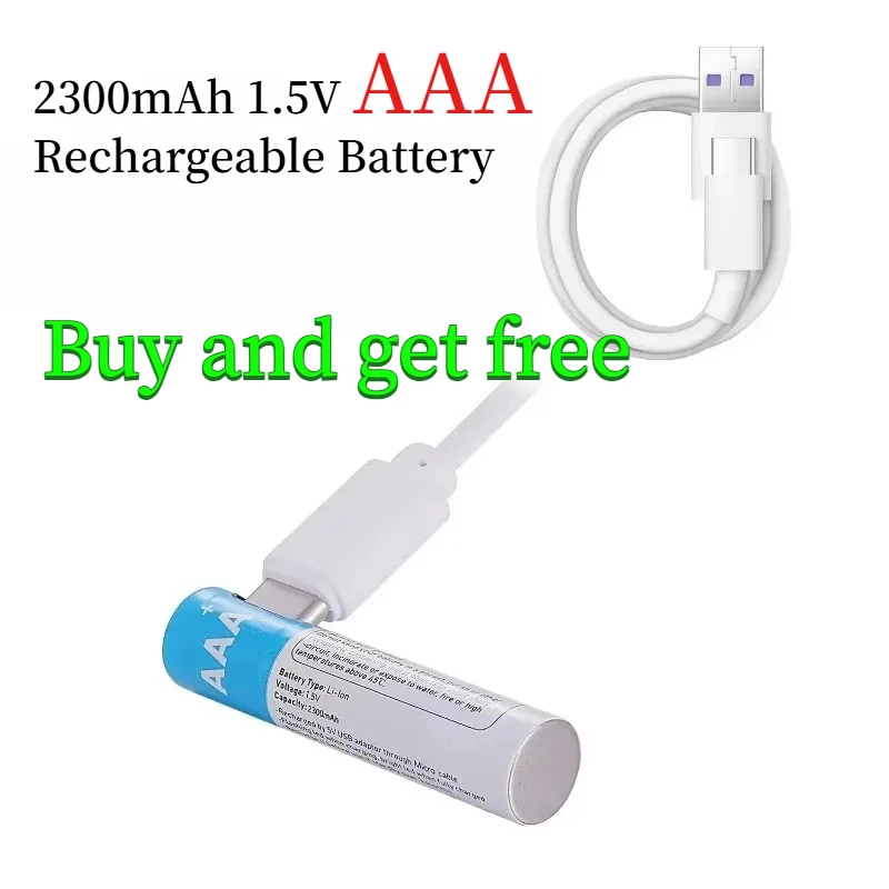 AAA Rechargeable 2300mAh 1.5V Battery with Type-C Fast Charging for Air Conditioner and TV Remote Control Replacement Battery