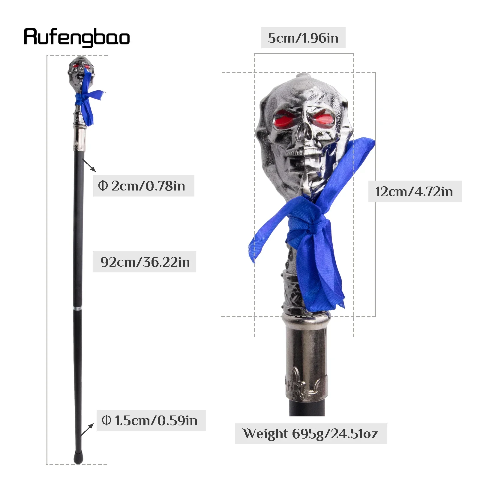 Silver Skull Head with Bow Tie Red Eye Gentleman Walking Cane Fashion Walking Stick Gentleman Crosier Knob Walking Stick 92cm
