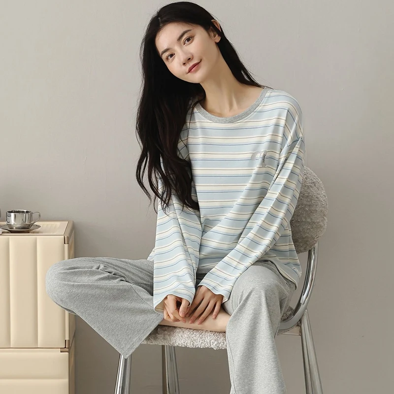 

Новинка 2023 года, осенние пижамные комплекты из 100% хлопка с длинными рукавами для женщин, корейская повседневная одежда для сна в полоску, домашняя одежда, Pijama Mujer, домашняя одежда