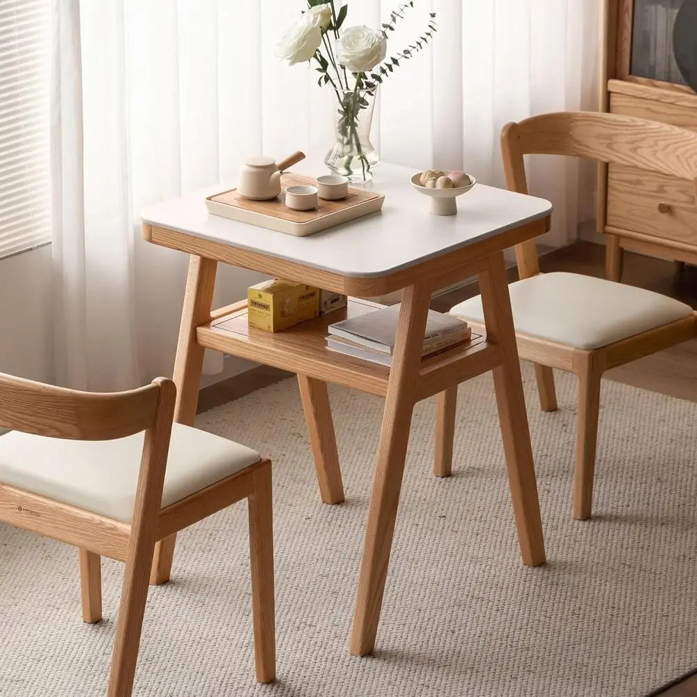 Solid Oak Wood Base Sintered Stone Small Dining Table, 23.8 Kitchen or Balcony Table - Perfect for 2