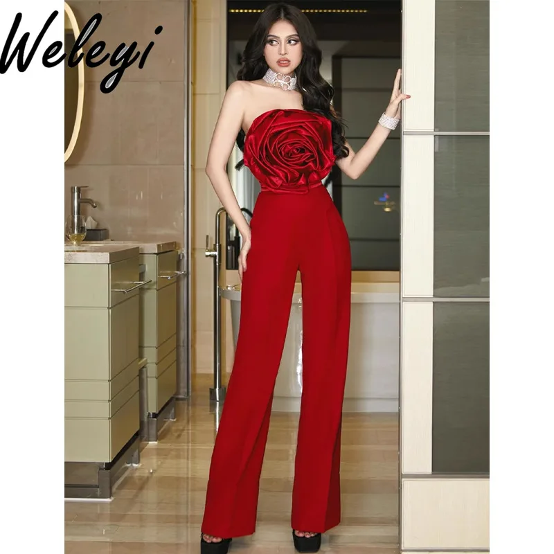 

Elegant Three-dimensional Rose Flower Ornament Tube Top Woman 2025 Spring and Summer New Streetwear High Waist Thin Pants Set