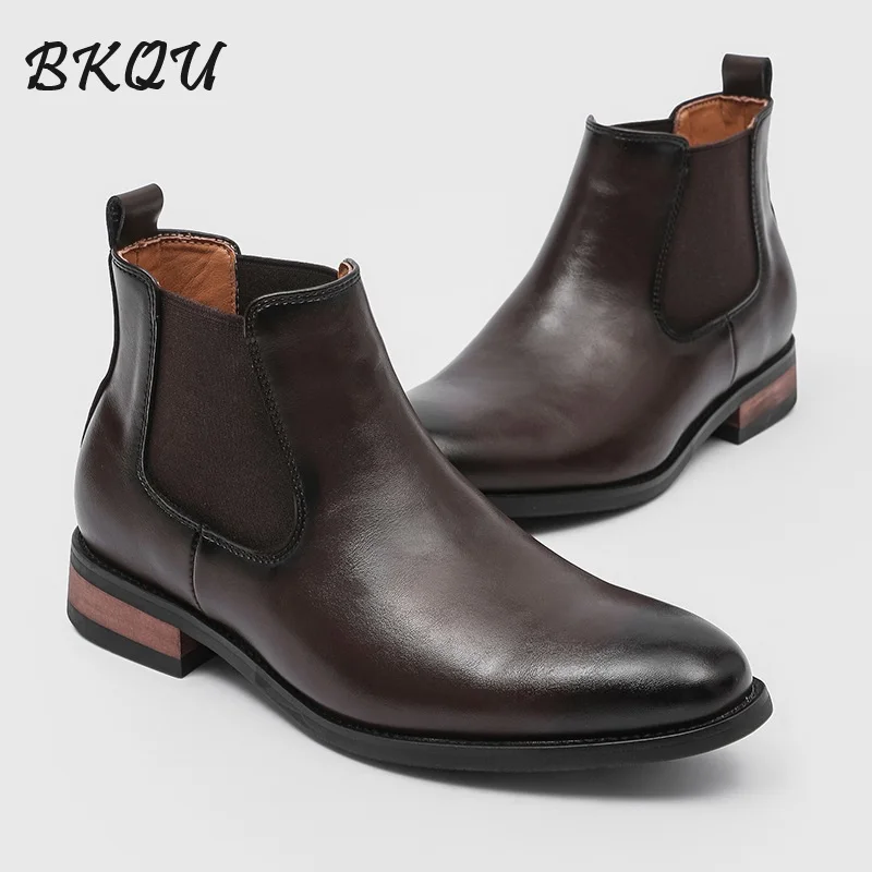 

BKQU Модные мужские ботинки с острым носком в британском стиле с высоким берцем и средним берцем, осень 2023, новый стиль, деловые ботинки с эластичной лентой