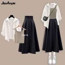 Women's Summer New Fashion Sunscreen Shirt+Vest+High Waist Skirt 3 Piece Suit Korean Elegant Casual Cardigan Dress Matching Set