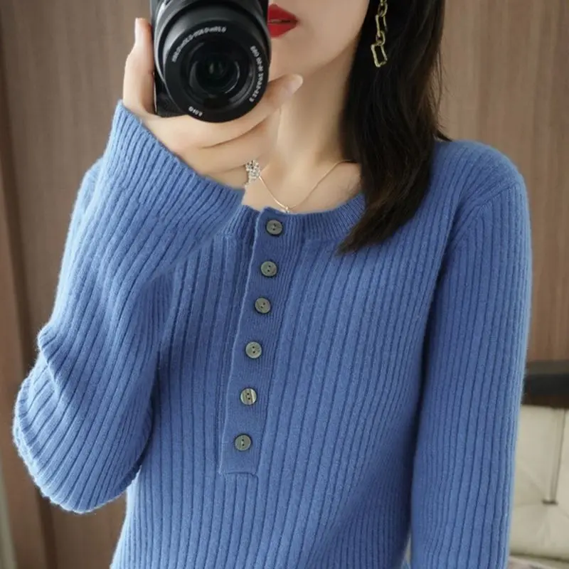 Spring Autumn Solid Color Round Neck Pullover Sweater Women's Loose New Korean Fashion Slim Long Sleeve Bottom Knit Top