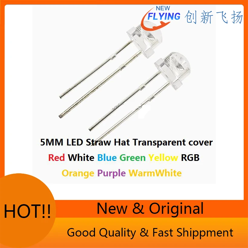 100PCS Straw Hat Red Yellow Green Blue Warm White Transparent Cover High Bright F5 Quality Bead Light Emitting Diode 5MM DIP LED