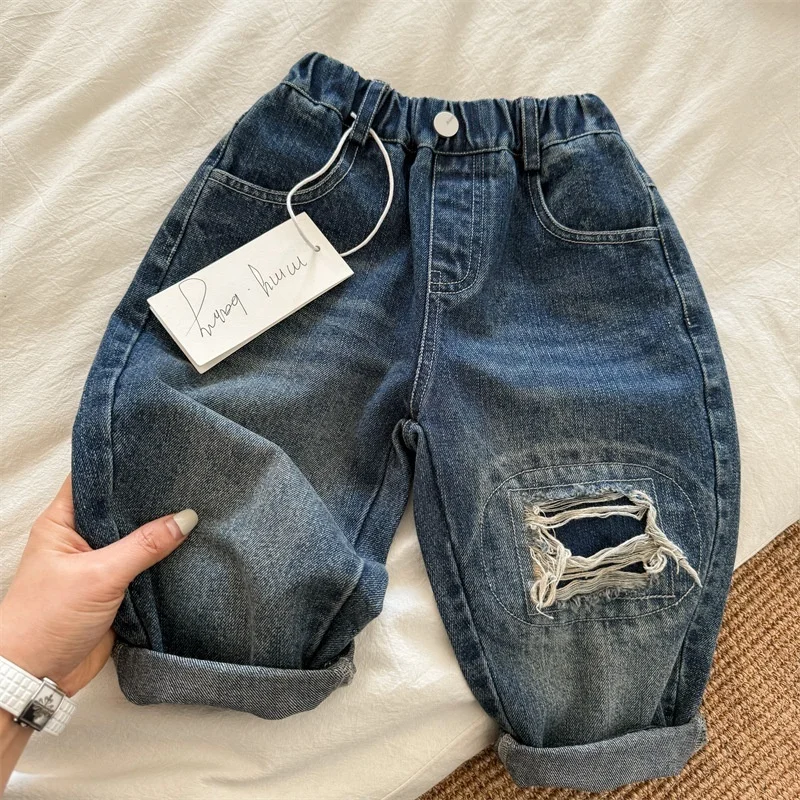Children's Jeans Trousers Spring and Autumn Pants Boys' Stretch Pant 2025 New Boys' Baby Loose Print Feet Pants 2-8T