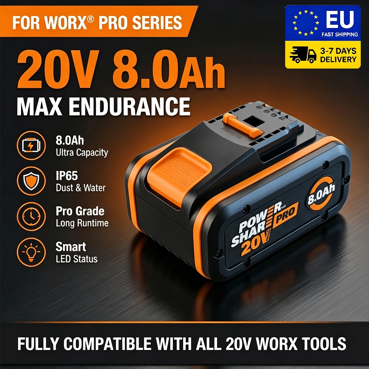 Für Worx 20V, 8,0Ah Hochleistungs-Lithium-Ionen-Akku, WA3553 WA3551 WA3553.1 WA3570, geeignet für Worx Elektroschrauber und Schlagbohrmaschinen.