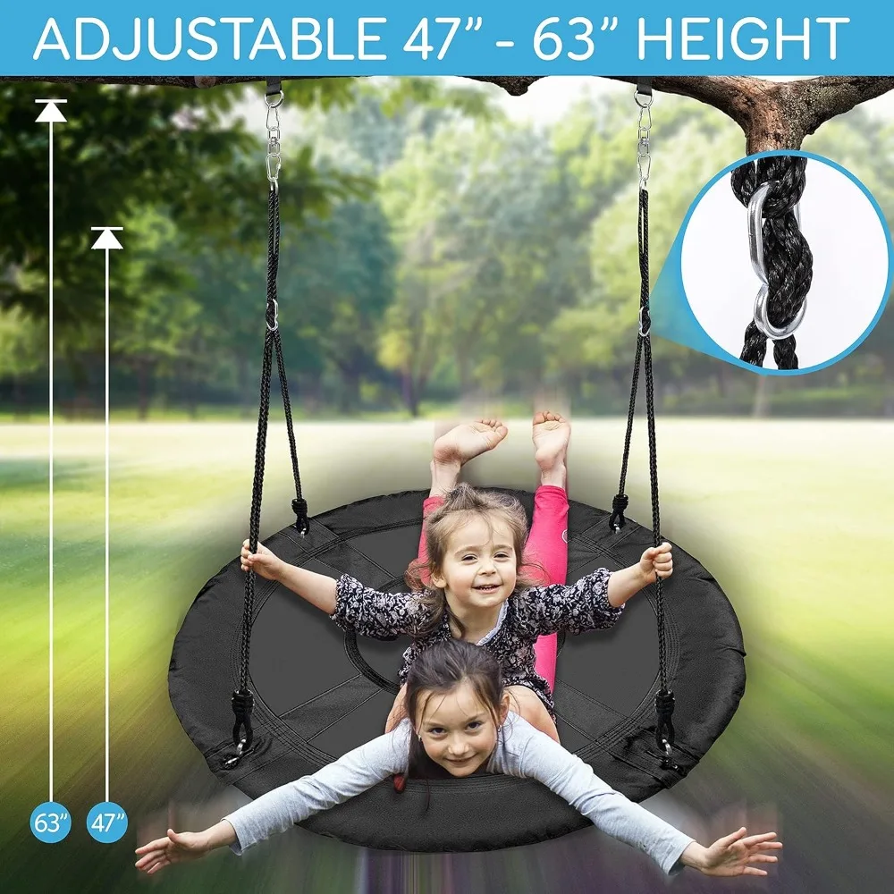 40" Outdoor Tree Swing with Adjustable Ropes and Center Swivel for Kids, Black