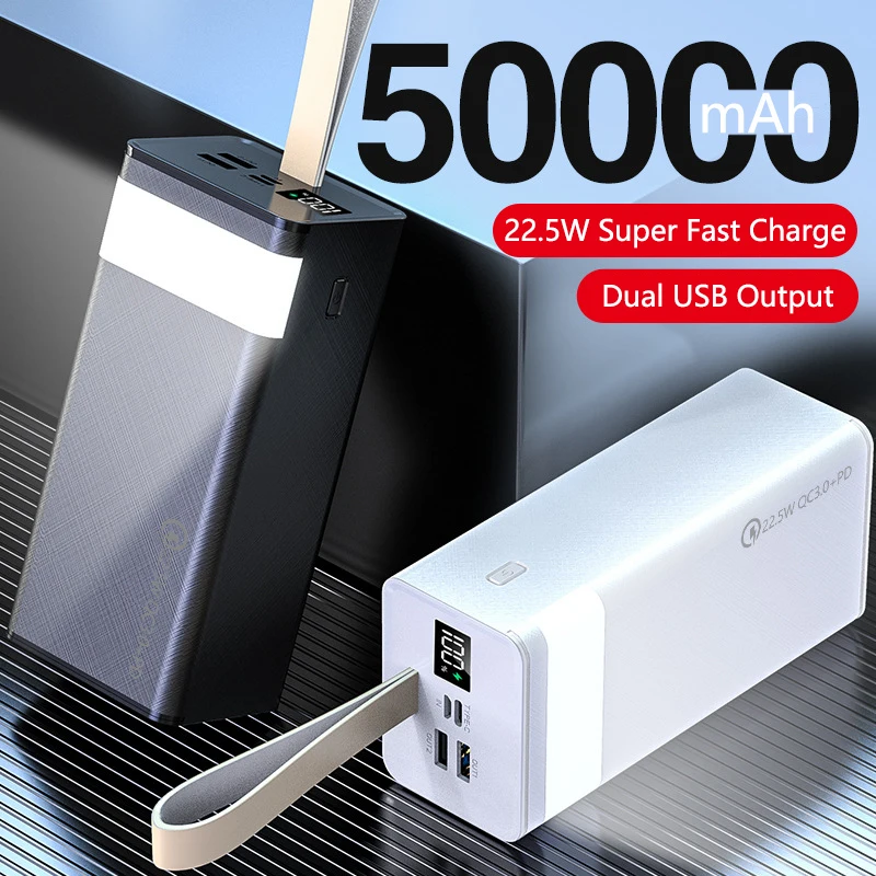 

50000 мАч Power Bank 22,5 Вт с быстрой зарядкой USB Type C Powerbank с фонариком Внешний аккумулятор для кемпинга для IPhone 16 15 14 Xiaomi
