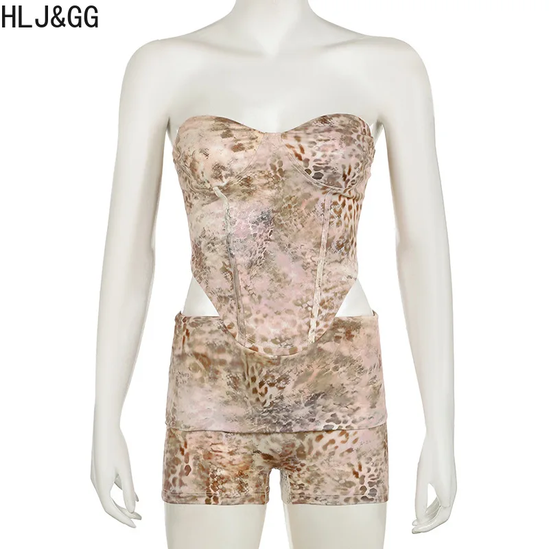 HLJ&GG Fashion Irregular Animal Print Corset Two Piece Sets Women Off Shoulder Crop Top And Shorts Outfits Sexy 2pcs Streetwear