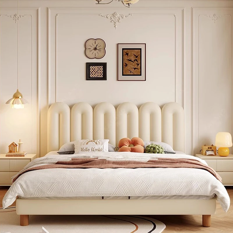 White Cream Bed Cheap Comfortable Trendy Unique Soft Sun Design Wooden Floating Bed Space Saving Cama Salon Furniture Double