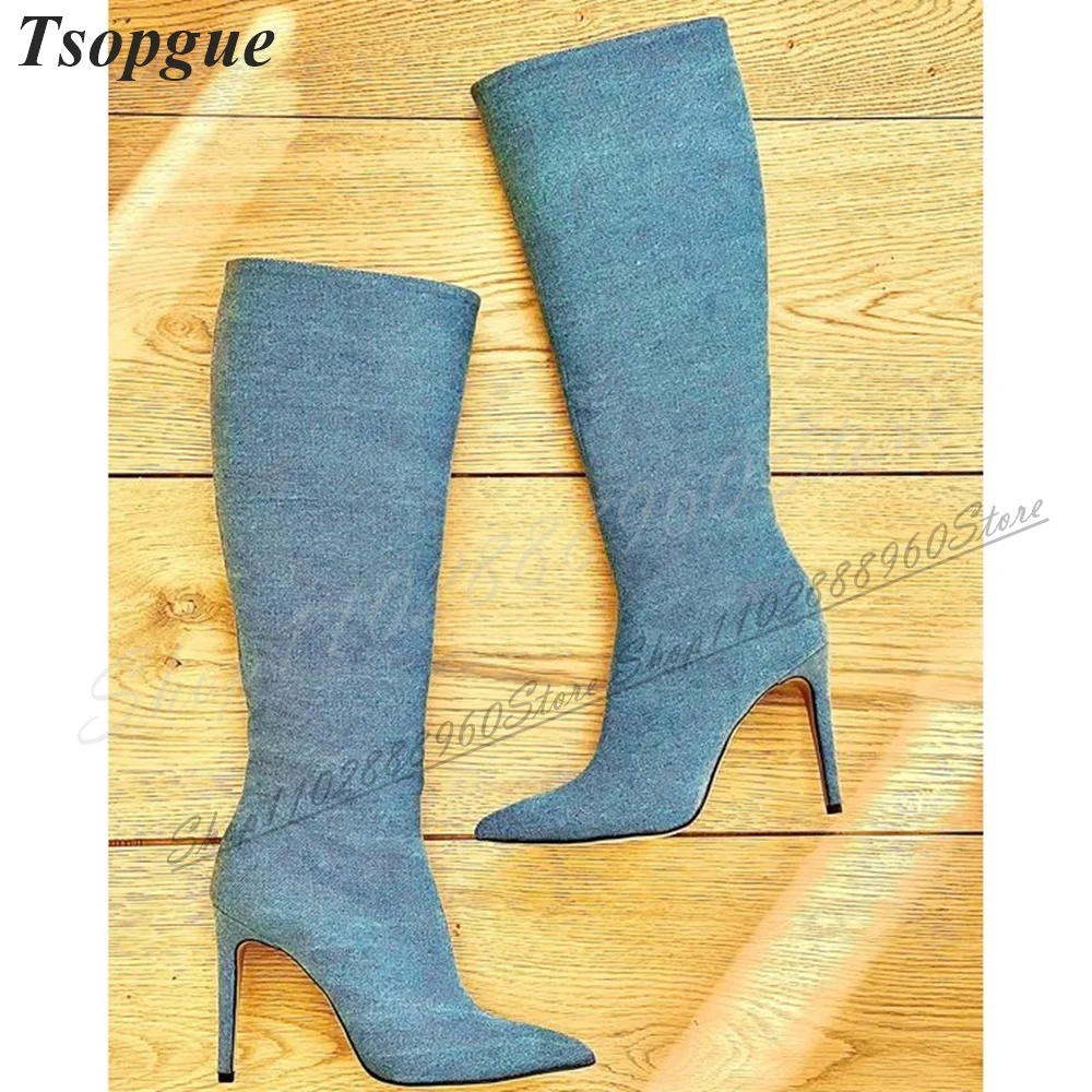 Knee High Light Blue Denim Slim Boots Thin High Heel Shoes For Women Side Zipper Pointed Toe 2024 Fashion Zapatos Para Mujere