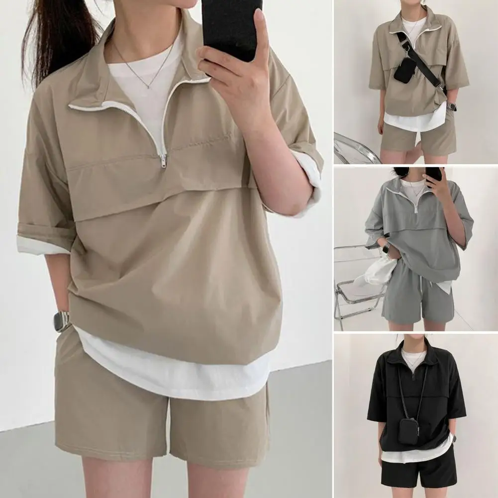 2 Pcs/Set Unisex Summer Tracksuit Zippered Lapel Half Sleeves Loose Top High Waist Solid Color Shorts Sport Clothes Student Casu