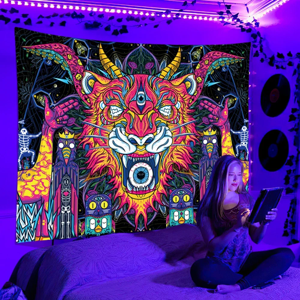 Black Light Tapestry UV Reactive Psychedelic Wall Hanging DJ Backdrop  Bedroom Dorm Separate Room Decoration