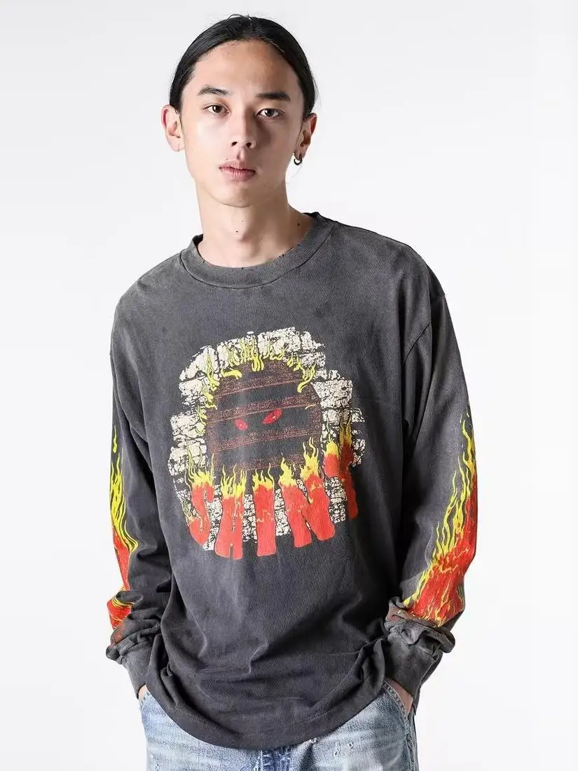 

SAINT Mxxxxxx FW25 Long Sve T-irt ex Patchwork Double Sve Flame Pattern Character Trendy Loose Fit round Ne