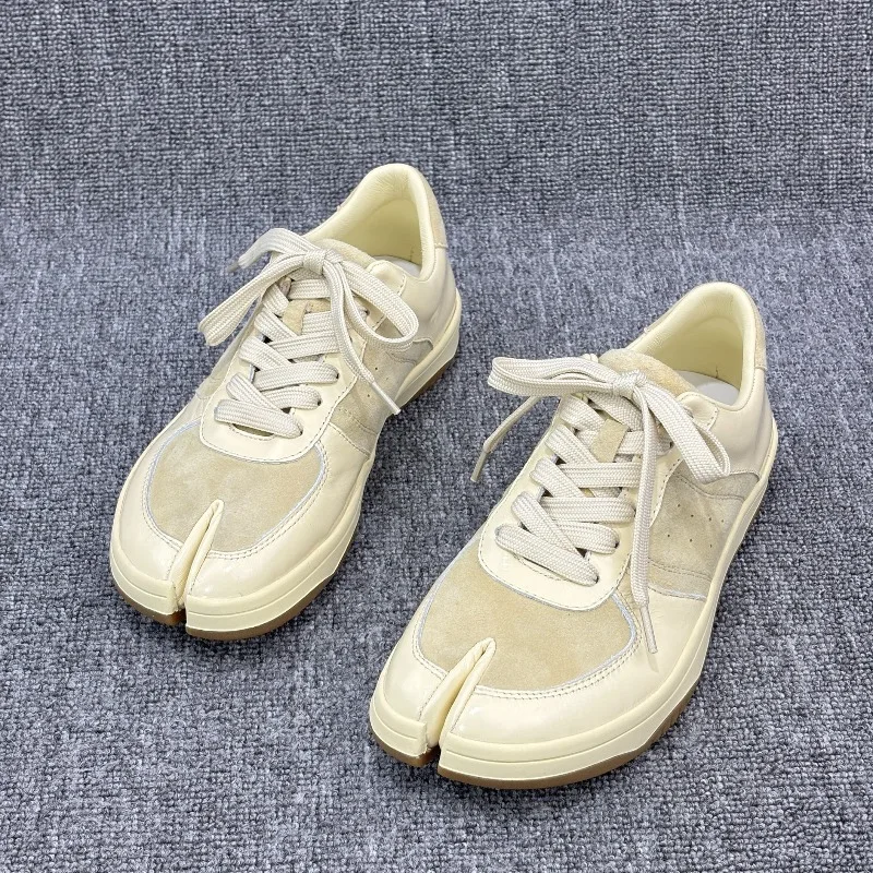 New Arrivals Genuine Leather Thick-Soled Trainers Women Sneakers Lace-Up Split-Toe Shoes Casual Sports Skate Shoes