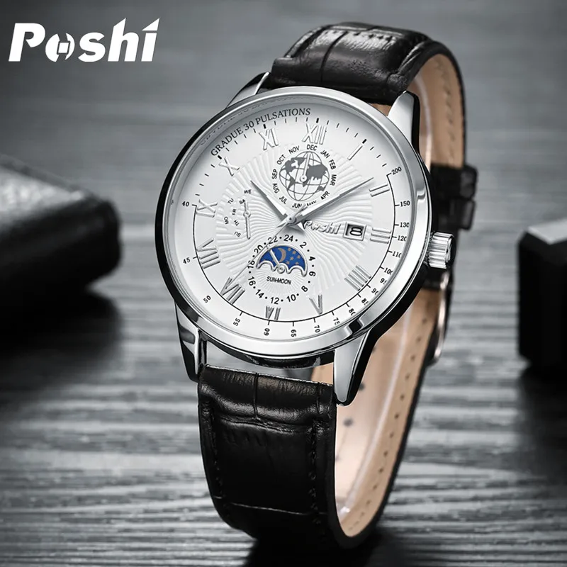 POSHI Top Brand Mens Watches Fashion Classic Quartz Wristwatch Luxury Calendar Week Display Man Watch Original Chronograph Clock