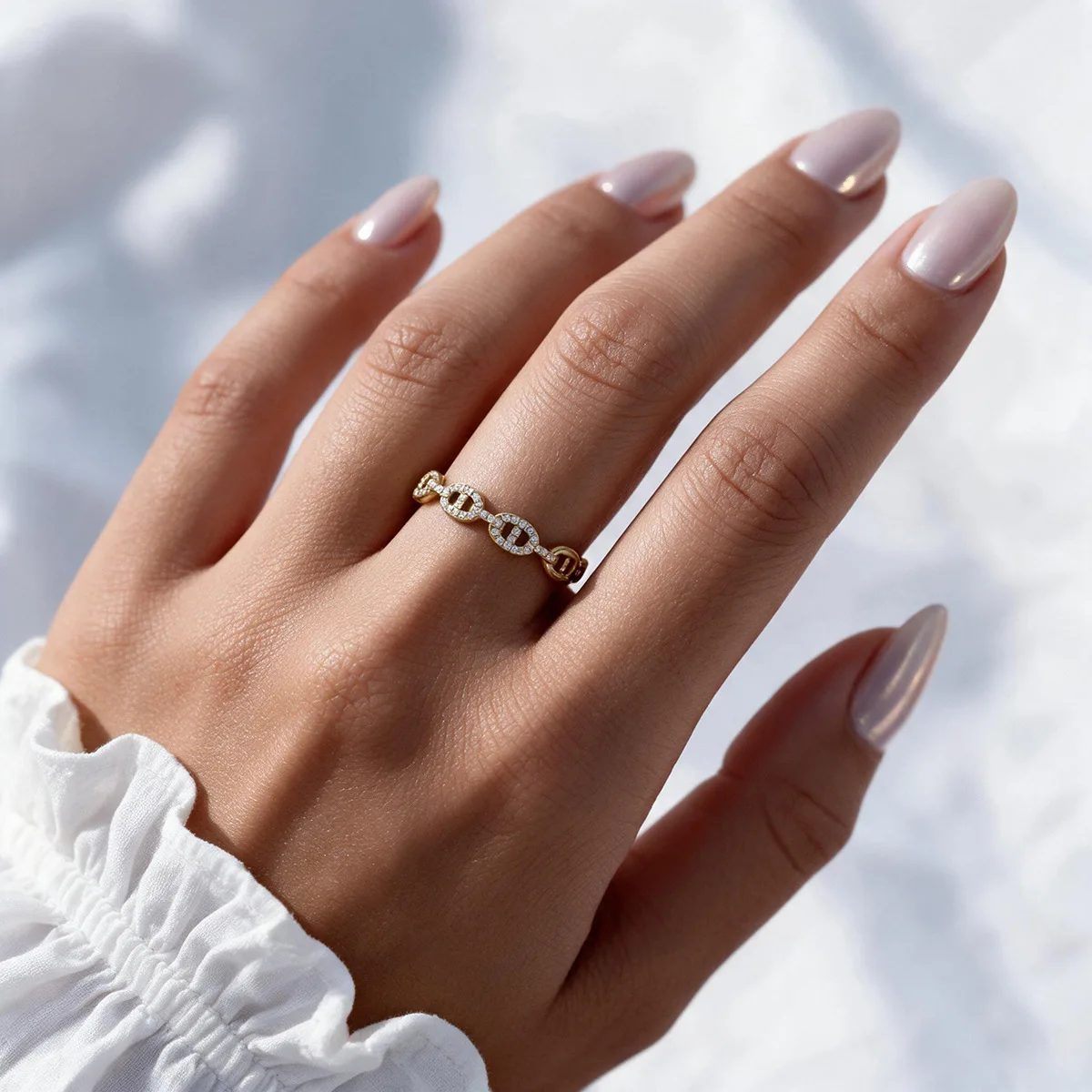 Ars Stainless Steel Open Ring for Women 18K Gold Plated Inlaid Zircon Pig Nose Link Rings Adjustable Ring Waterproof Daily Rings - view 2