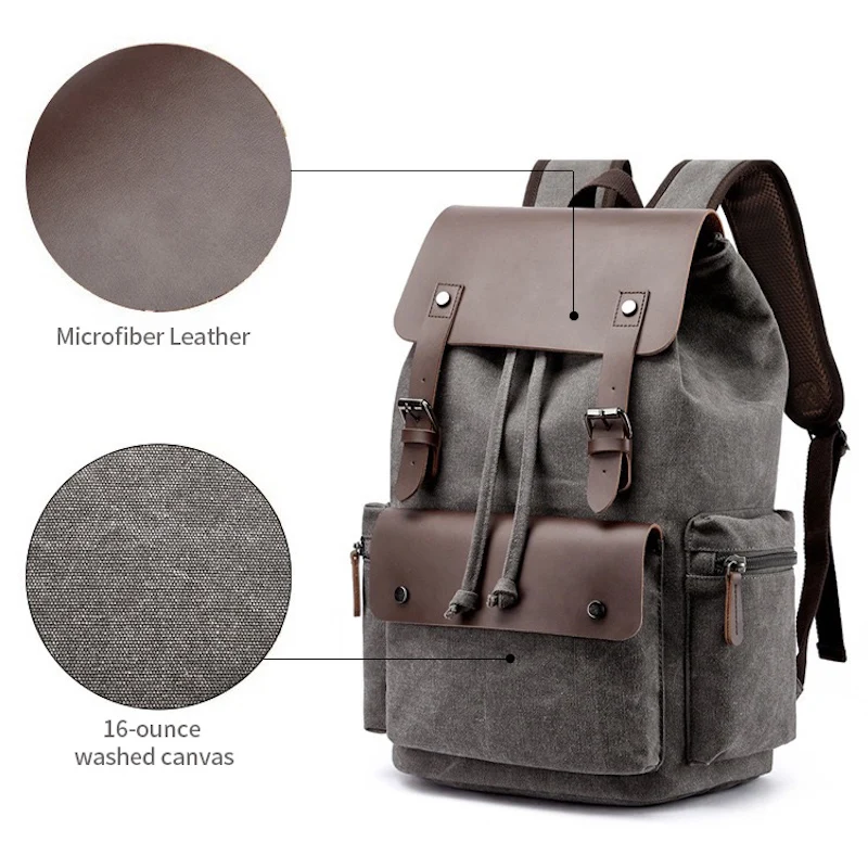 Vintage Microfiber Leather and Washed Canvas Backpack 15 inch Laptop Bag Outdoor Travel Camping Office Mochila