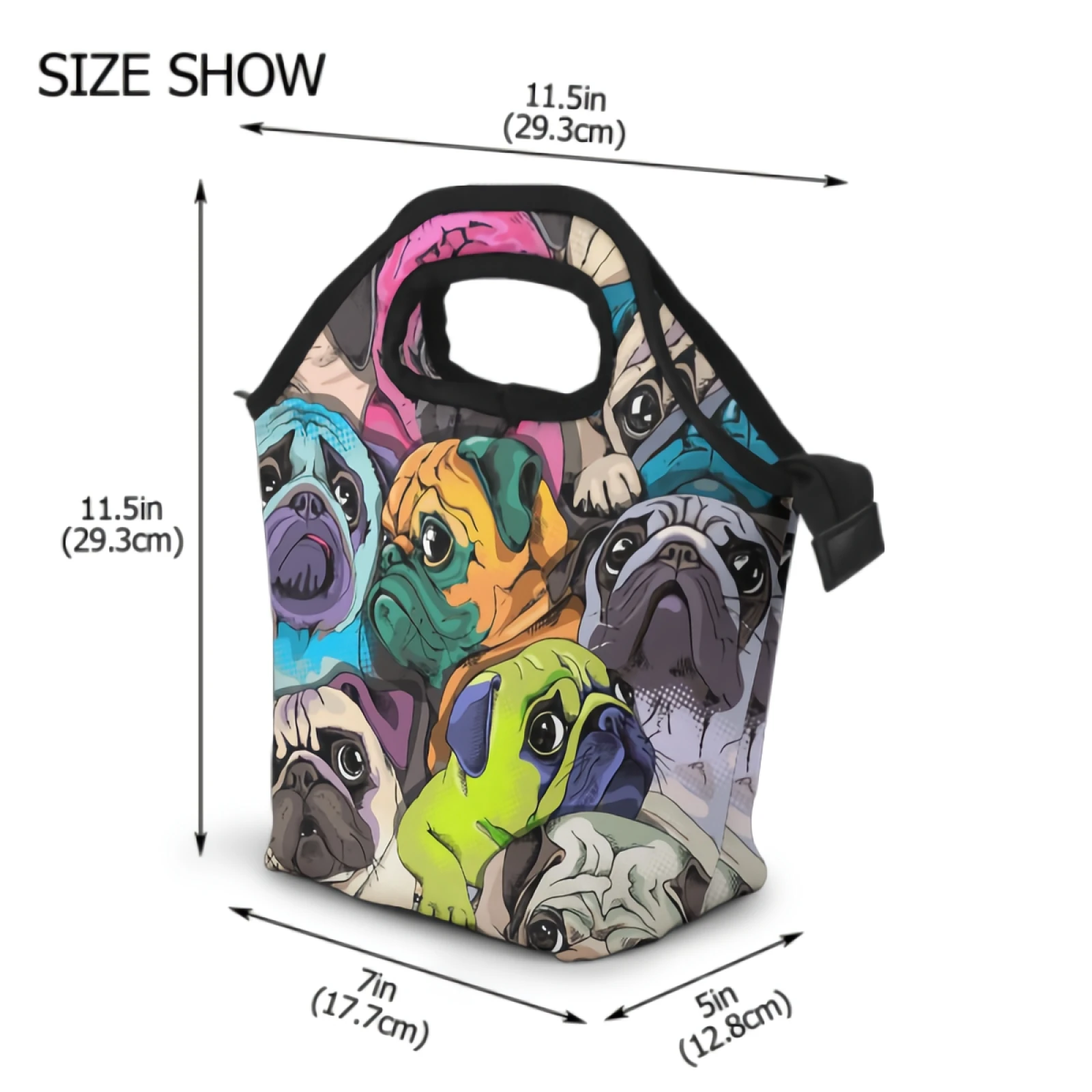 Pug Lunch Bag Colorful Dog Pet Insulated Cooler Portable Cartoon Animal Face Lunch Box Zipper Picnic Handbag for Work School