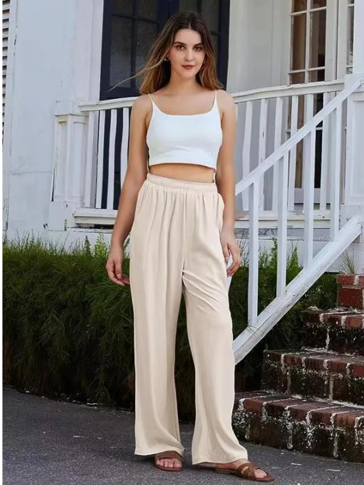 Women's 2023 New Wide Leg Hemp Cotton Pants Female Sweatpants 90s Fashion Baggy Pants Aesthetic High Waist Trousers Elegant Pant