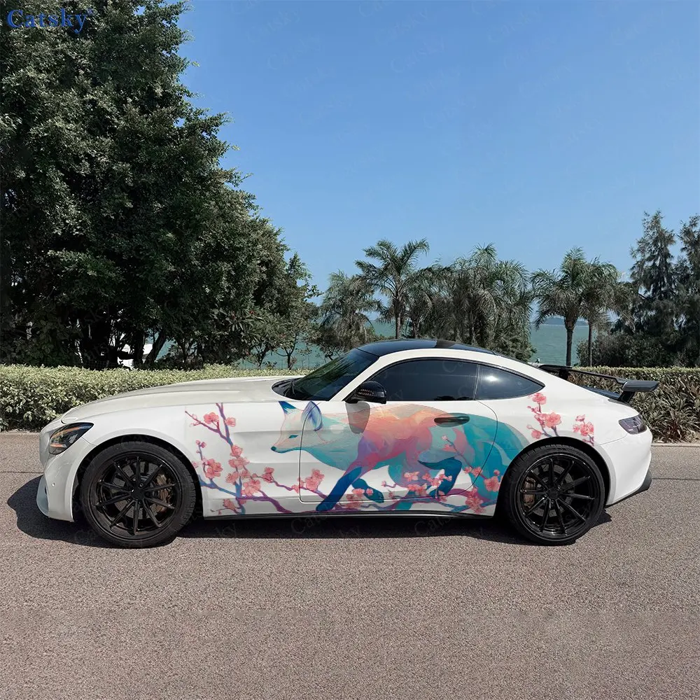 2pcs Spirit Fox Sakura Dance Roar, Durable, Fade-resistant, Enhance Vehicle Aesthetics With Bold Artistic Design Car Vinyl Wraps