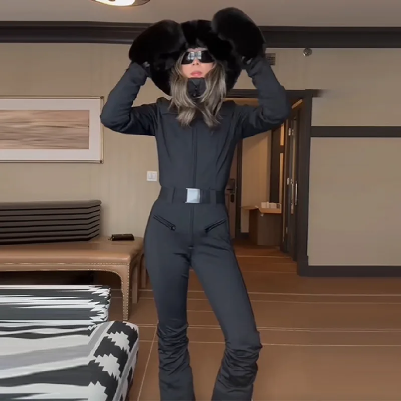 Warm Ski Suit For Women One Piece Jumpsuit Hooded Fur Collar Long Sleeve Fitted Waist Winter Outdoor Snowboard