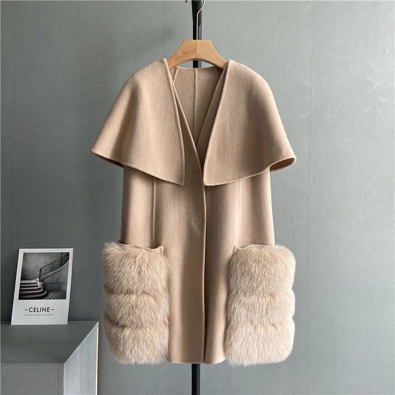 

New 2024 Fall Winter Coats Luxury Women Real Lamb Wool Cashmere Fur Vest Waistcoat Stylish Long Real Fox Fur Jackets Cloak Coats