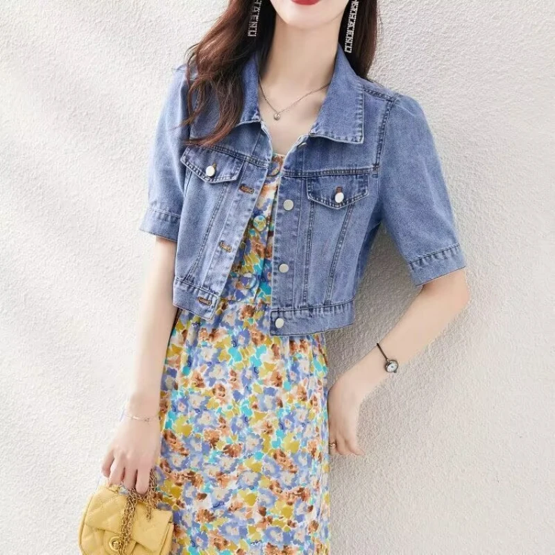 Basic Solid Outwear Half Sleeve Denim Fit Harajuku Street Denim Jacket Women Vintage Crops Trendy Turn Down Collar Jackets Women