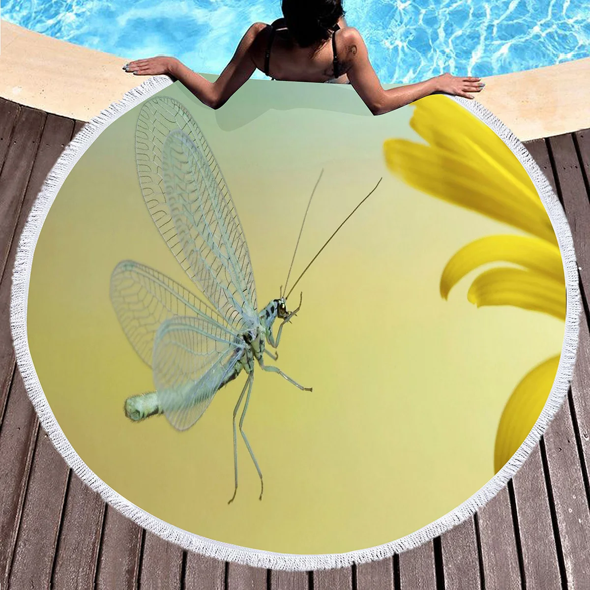 Insect Print Round Beach Towel,Dragonfly Polyester Sand Resistant Beach Blanket,Absorbent Quick Dry Round Bath Towel Picnic Mat