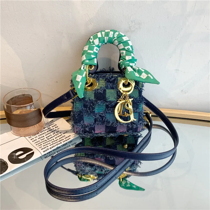 موضة جديدة الدنيم وشاح حريري اللون المتناقضة حقيبة يد صغيرة كتف واحد قطري الصليب حقيبة المرأة #6