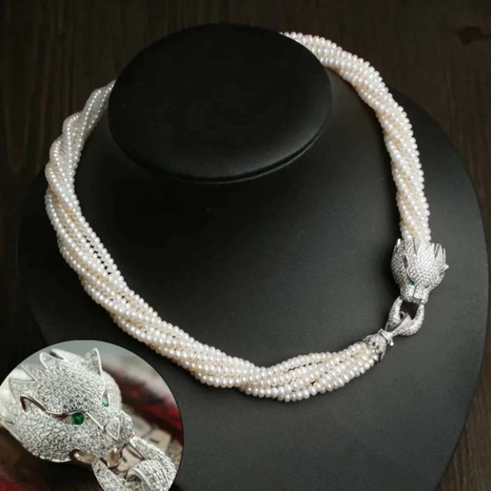 

Hand knotted necklace 6 strands versatile 4-5mm 44-48cm white freshwater pearl necklace zircon leopard head clasp